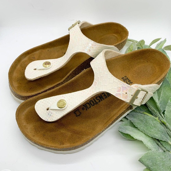 Birkenstock Shoes - Birkenstock 6/6.5 Gizeh Birko-Flor Metallic Snake Cream Sandals vegan Shoes 37